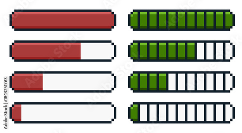 Photos 8-bit pixel art red and green rpg game life progress bar set