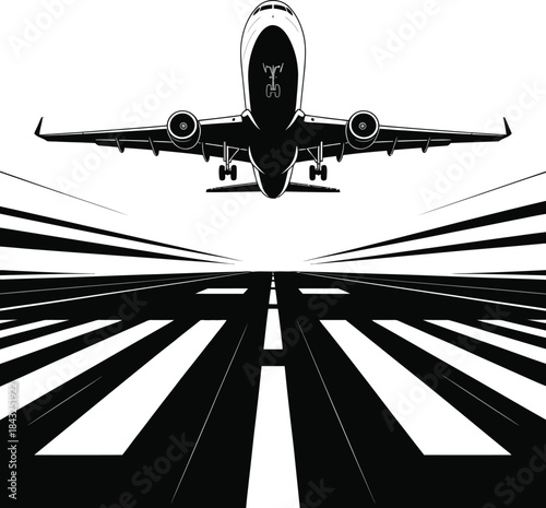 Black and white vector illustration of a passenger airplane taking off from an airport runway
