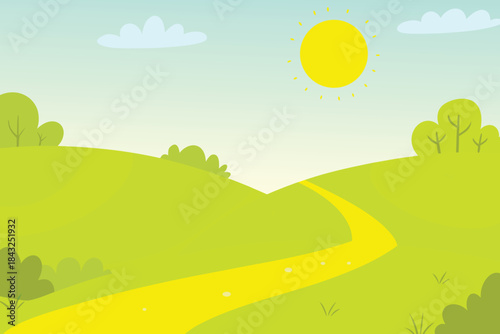 a bright sunny day with green rolling hills and a winding path high quality