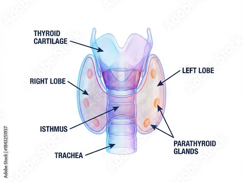 Vibrant 3D Human Thyroid Gland Anatomy Medical Illustration with Parathyroid Organs, providing a detailed Diagram of this essential endocrine organ structure for education.