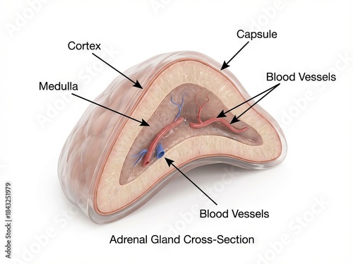 Detailed 3D illustration of a human adrenal gland cross-section, clearly showing the cortex, medulla, and blood vessels, vital for endocrine system anatomy and medical education.