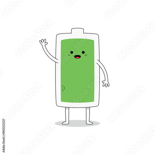 Cute green full battery cartoon character waving hand hi doodle