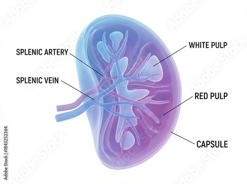 Detailed 3D medical illustration showcasing human spleen anatomy, highlighting internal organ structures and biology for educational health diagrams.