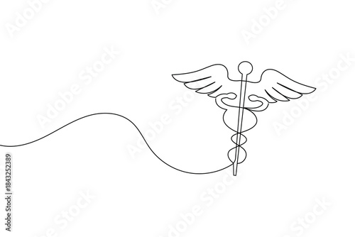 Single continuous line drawing of the caduceus medical symbol on a white background