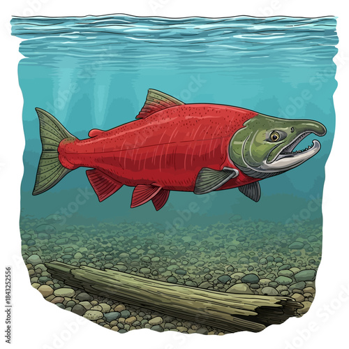 Sockeye Salmon Spawning Color Underwater Male Fish Red Body Green Head Riverbed Gravel