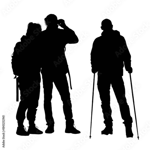 Two hikers observing the landscape with binoculars outdoors.