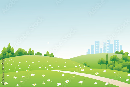 A serene landscape featuring rolling green hills a winding path and a