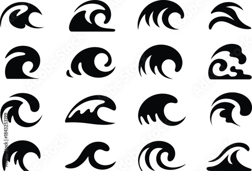 Ocean Wave Silhouette Icon Set with Water, Surf and Sea Motion Symbols