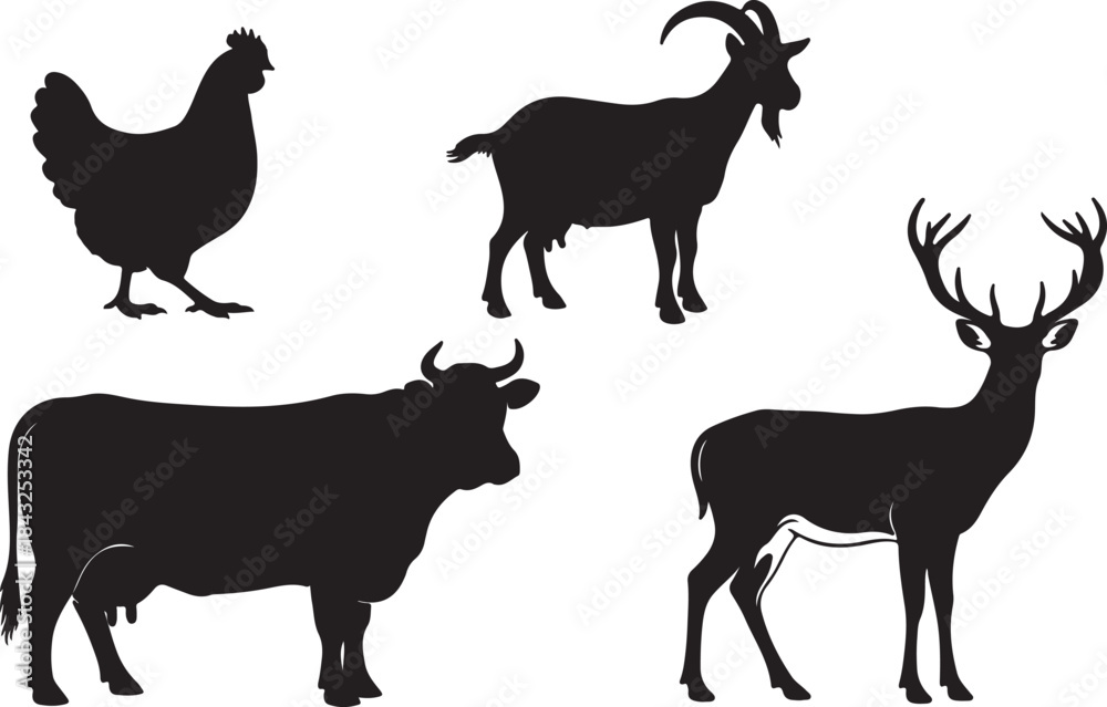Fototapeta premium Farm Animal Silhouette Set: Cow, Sheep, Goats, Rooster, Hen, Turkey, and Dog Icons in Black for Agriculture, Education, and Design Use