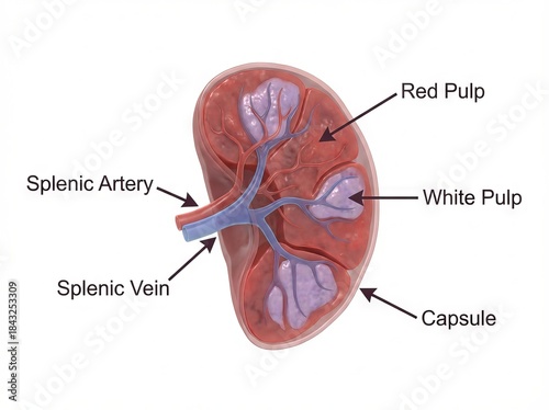 Detailed medical illustration of human spleen anatomy, showing internal cross-section, major blood vessels, red and white pulp, ideal for biology and health education.