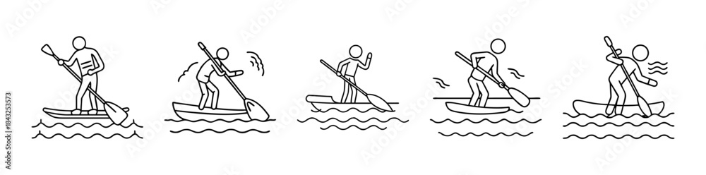 Fototapeta premium Line art icons of people stand-up paddleboarding, kayaking, and canoeing