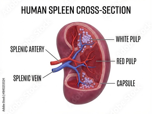 Detailed 3D human spleen cross-section anatomy illustration, depicting internal organ structures. This medical diagram is perfect for biology education, showing specific spleen components.