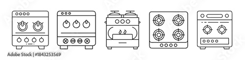 Set of line art cooking stoves, ovens, and cooktops, kitchen appliance icons