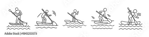 Line art icons of people stand-up paddleboarding, kayaking, and canoeing