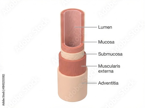 Detailed 3D Medical Illustration of the Digestive Tract Anatomy Layers, precisely showing Histology for Science and biological education.
