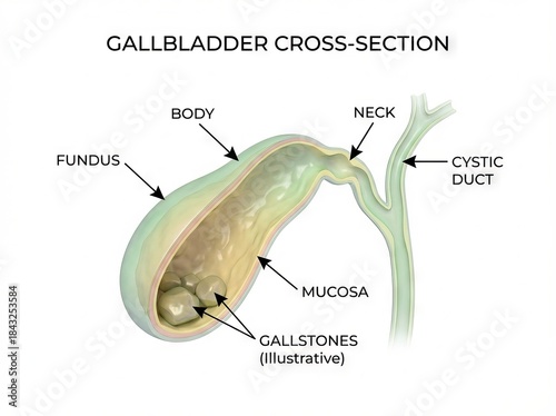 Detailed 3D Medical Illustration of Human Gallbladder Anatomy Cross-section with Gallstones, a vital Digestive Organ Diagram for educational insights.