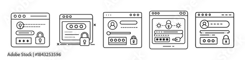 Online login and password security interfaces icon set vector graphic design