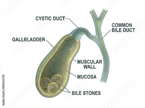 Detailed human anatomy medical illustration of gallbladder with internal bile stones and ducts, a digestive disease affecting health, presented as a clear 3D scientific diagram on white background.