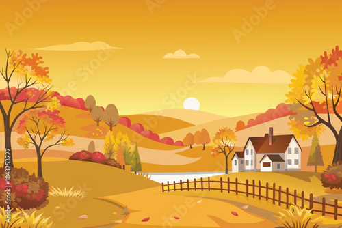 A peaceful autumn landscape with a quaint house rolling hills and golden