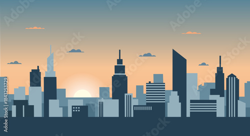 Flat Design City Skyline Panorama at Sunset or Sunrise
