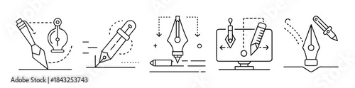 Digital creative design process vector icons with pen and pencil tools