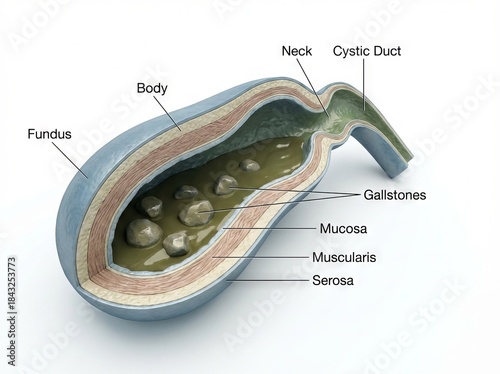 Detailed 3D rendering medical illustration of human gallbladder anatomy in cross-section, clearly showing gallstones and digestive system disease for educational purposes.
