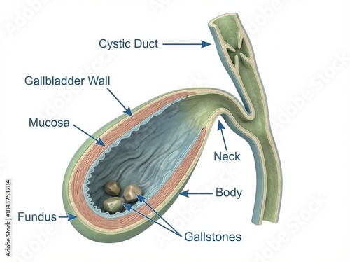 Detailed 3D medical illustration showing human gallbladder anatomy with gallstones, a common digestive organ disease, presented scientifically for health education.