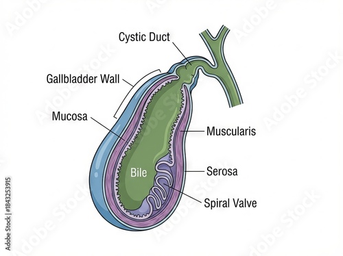 Detailed human gallbladder anatomy cross-section illustration revealing bile within this vital digestive organ, perfect for medical biology education.