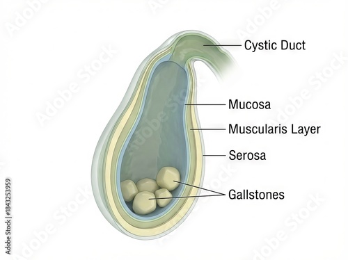 Detailed Medical Illustration of Human Gallbladder Anatomy showing Gallstones within this Digestive Organ, a Cross-section Diagram for Disease education.