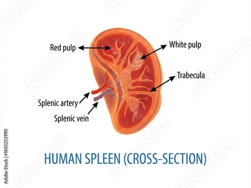 Detailed human spleen anatomy medical illustration showcasing a cross-section of this vital organ, ideal for biology scientific diagram and educational use.