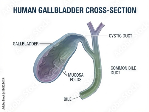 Detailed human gallbladder cross-section illustration displaying the anatomy of this essential internal digestive organ, a clear medical diagram for scientific insight.