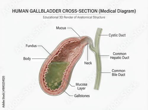 Comprehensive Human Gallbladder Anatomy Cross-Section Medical Diagram, a precise 3D Render depicting Gallstones, Bile, and internal structures for Education.