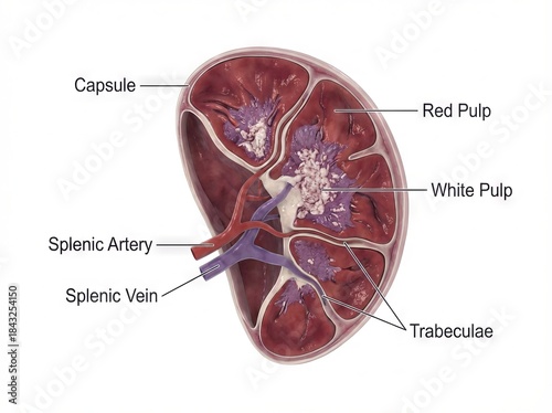 Detailed human spleen anatomy cross-section illustration, highlighting the complex organ structure for medical scientific and educational purposes.