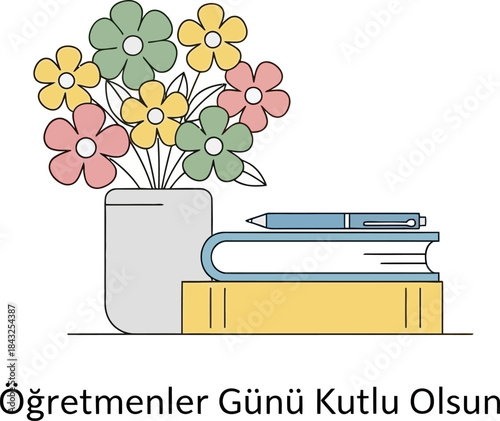 Teacher's Day Illustration with bouquet of Flowers:A vibrant bouquet of flowers in a vase beside a stack of books and a pen on Teacher's Day, symbolizing appreciation and admiration for educators.