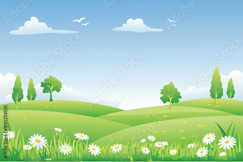 A serene landscape featuring rolling green hills fluffy clouds and a bright