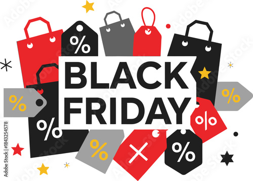 Black Friday Shopping Extravaganza: Vibrant shopping bags and sale tags create a sense of anticipation and excitement around the annual Black Friday sales event.