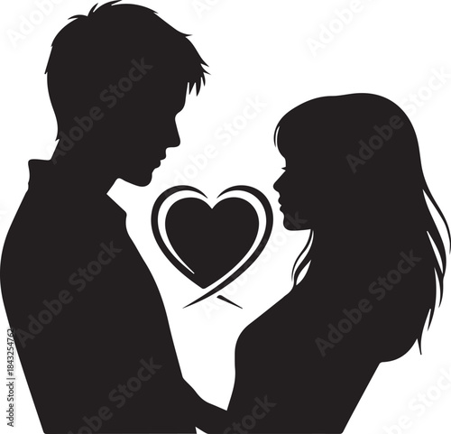 Silhouette of a loving couple with a heart symbol between them