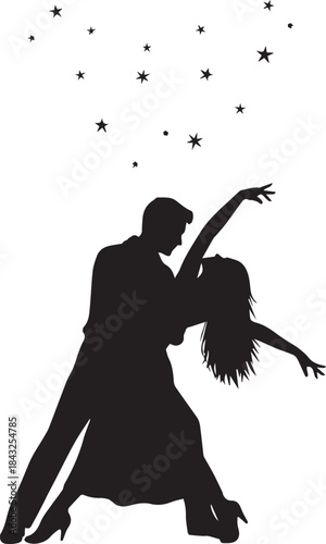 Silhouette of a couple dancing ballroom dance under falling confetti