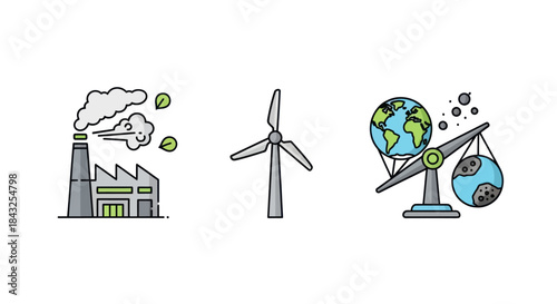 Environmental Icons: Factory Pollution Wind Turbine and Earth Balance.