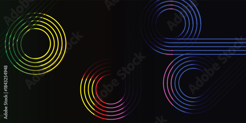 Abstract digital art with colorful concentric circles and curved lines on a dark background, showcasing geometric patterns and vibrant gradients.
