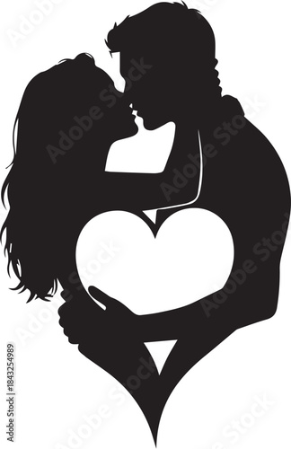 Silhouette of a couple kissing with a heart shape between them
