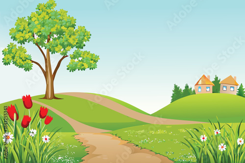 a peaceful landscape with a green hill flowers trees and small houses high quality
