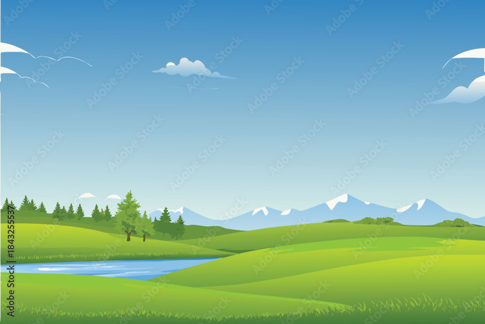 Fototapeta premium a vibrant landscape featuring rolling green hills a river and snow capped