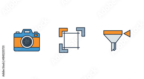 Three distinct icons representing photography cropping and filtering.