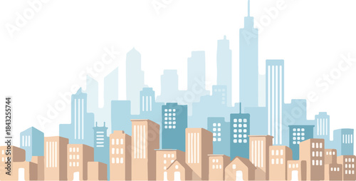 Urban Panorama: A contemporary city skyline showcasing a blend of architecture in pastel hues. It depicts the modern metropolitan scene, highlighting various building designs and the urban landscape.