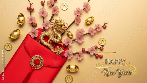Golden Dragon Chinese New Year Red Envelope with Cherry Blossoms and Coins lucky money
