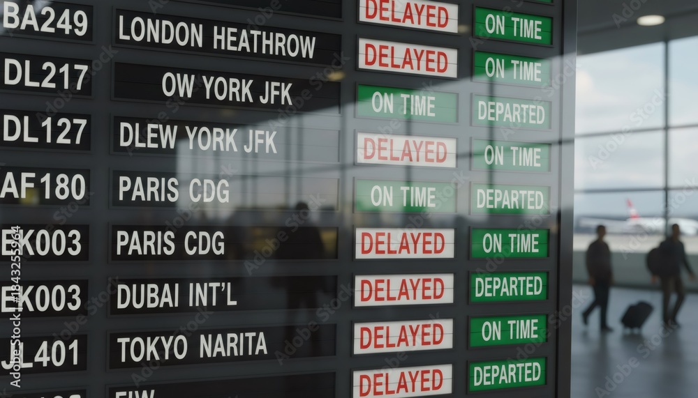 Fototapeta premium Airport Departure Board Displaying Multiple Flight Delays Indoors
