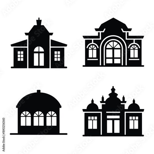 Railway Station Buildings Vector, Silhouette, Illustration