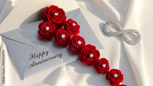 Silver Envelope with Red Roses and Diamond Infinity Brooch anniversary happy anniversary