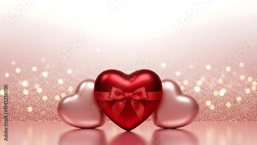 Three Heart Shaped Gifts with Rose Gold Glitter Bokeh Background love romantic